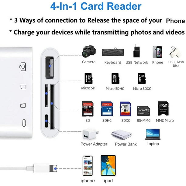 Lecteur de carte SD/TF pour iPhone et iPad, adaptateur d'appareil photo Lightning  vers USB 4 en 1, adaptateur de charge et de synchronisation de données  multifonction Plug and Play 
