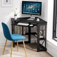 thumbnail image 2 of VECELO Corner Computer Desk with Keyboard Tray and Storage Shelf, Home Office Study Workstation Table , Black, 2 of 7