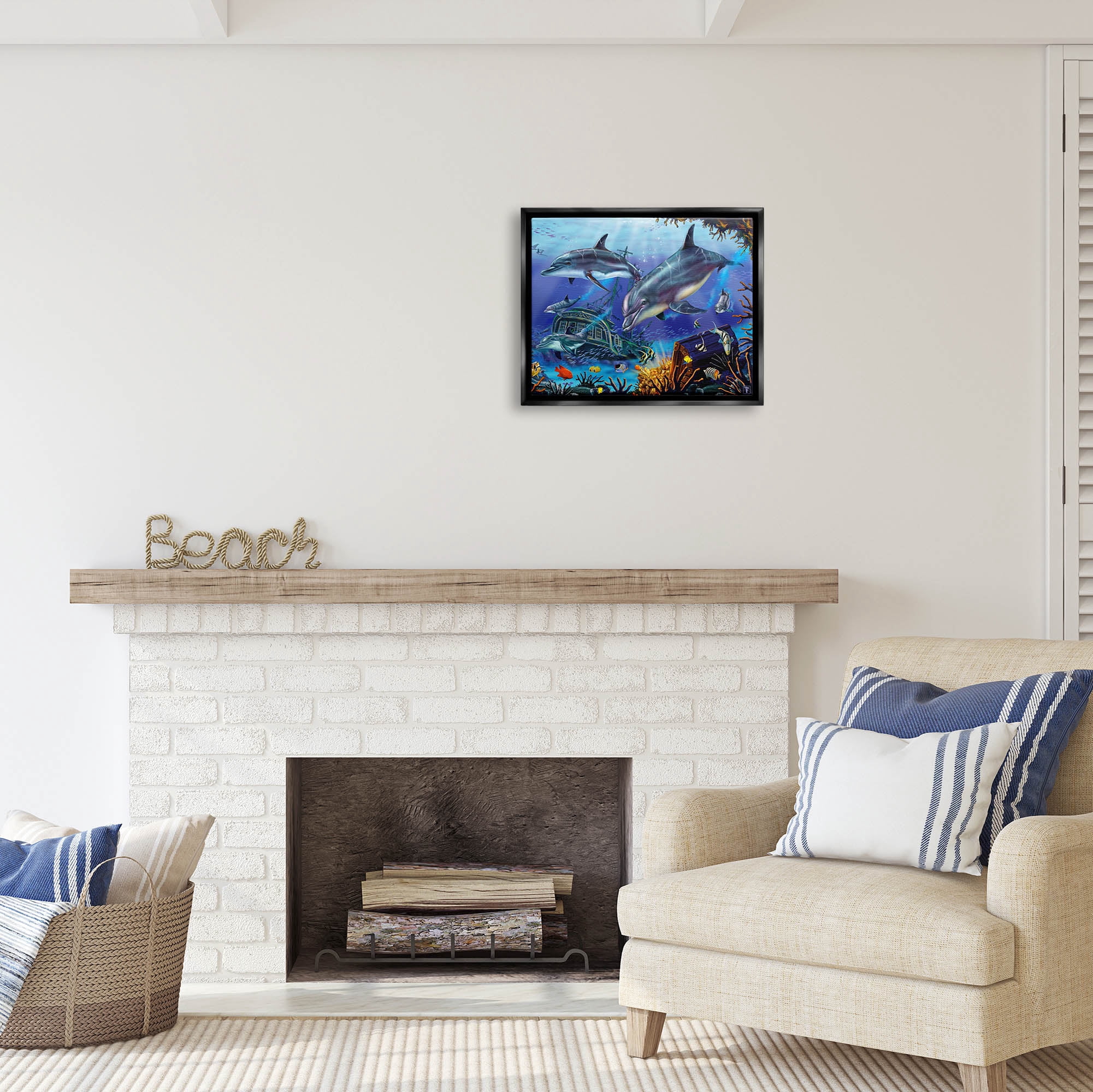 Stupell Industries Underwater Shipwreck & Treasure Coastal Painting Black Floater Framed Art Print Wall Art