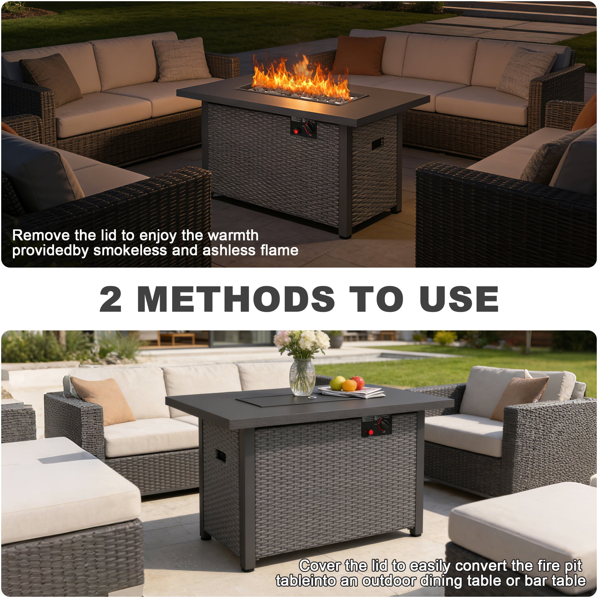 42" Propane Fire Pit, 50,000 BTU Auto-Ignition Gas Fire Pit Table, Outdoor Fire Tables with Lid and lava rocks for Outside, Garden, Backyard