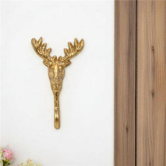 HomeRoots 612086 3 in. Gold Cast Iron Deer Stag Wall Hook