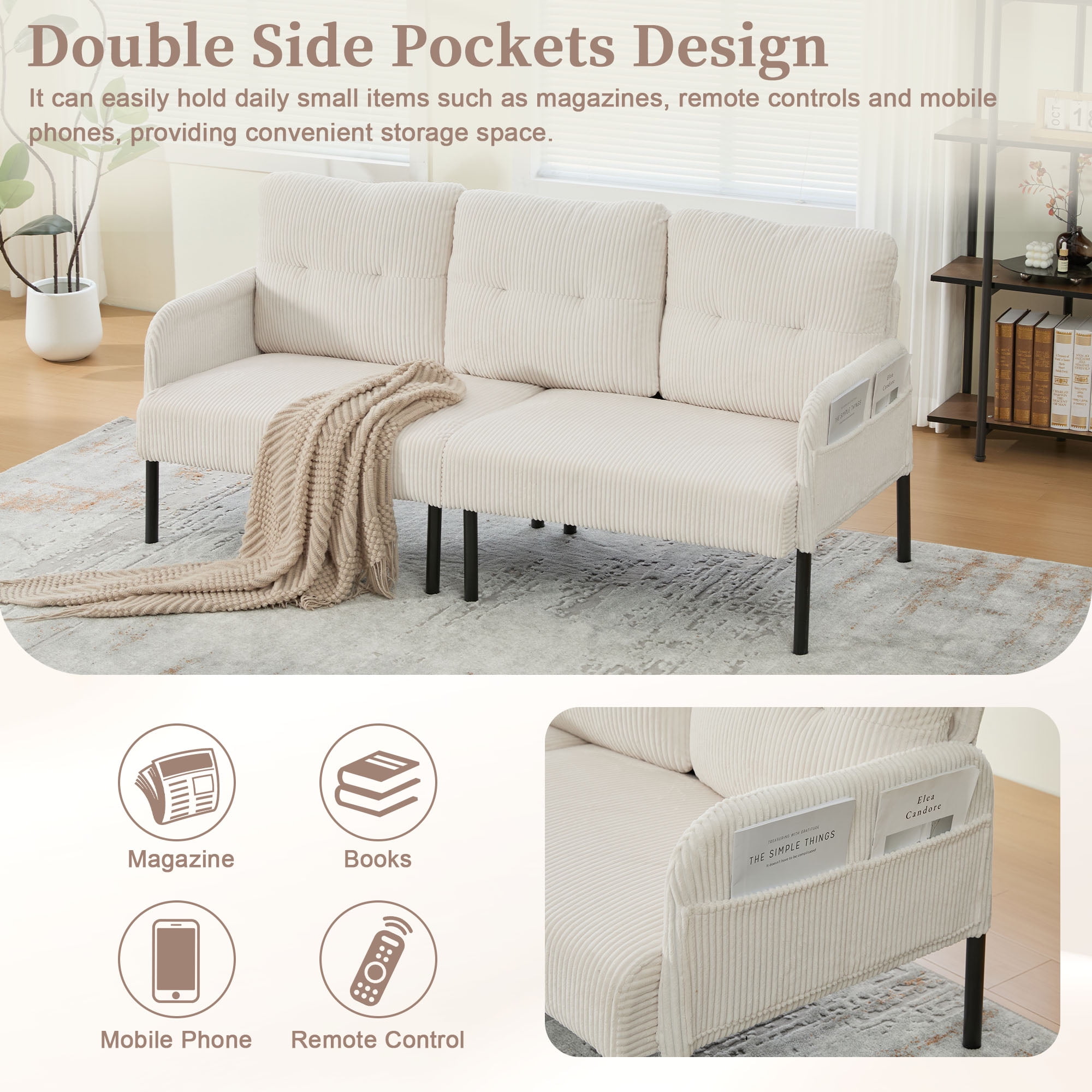 S-HOME Modern Plush Corduroy Upholstered Loveseat with Dual Side Pockets and Metal Legs, Sofa for Apartment, Beige