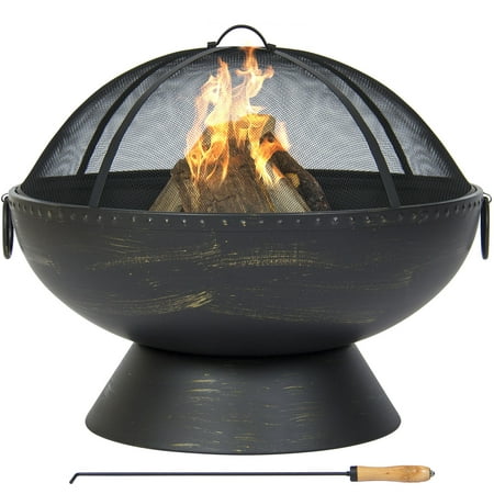 Best Choice Products Round Outdoor 29.5-inch Steel Fire Pit Bowl with Spark Screen, Wood-Handle Poker, and Carrying Handles,