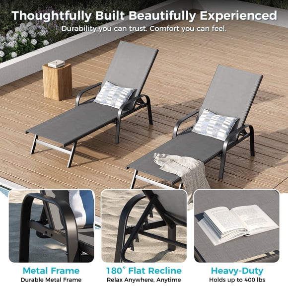 Ergonomic Adjustable Outdoor Lounge Chairs Set of 2–5-Position Reclining Patio Chaise,Breathable Textilene Fabric,Weather-Resistant Iron Frame–Comfortable for Garden,Balcony, Backyard–Dark Gray