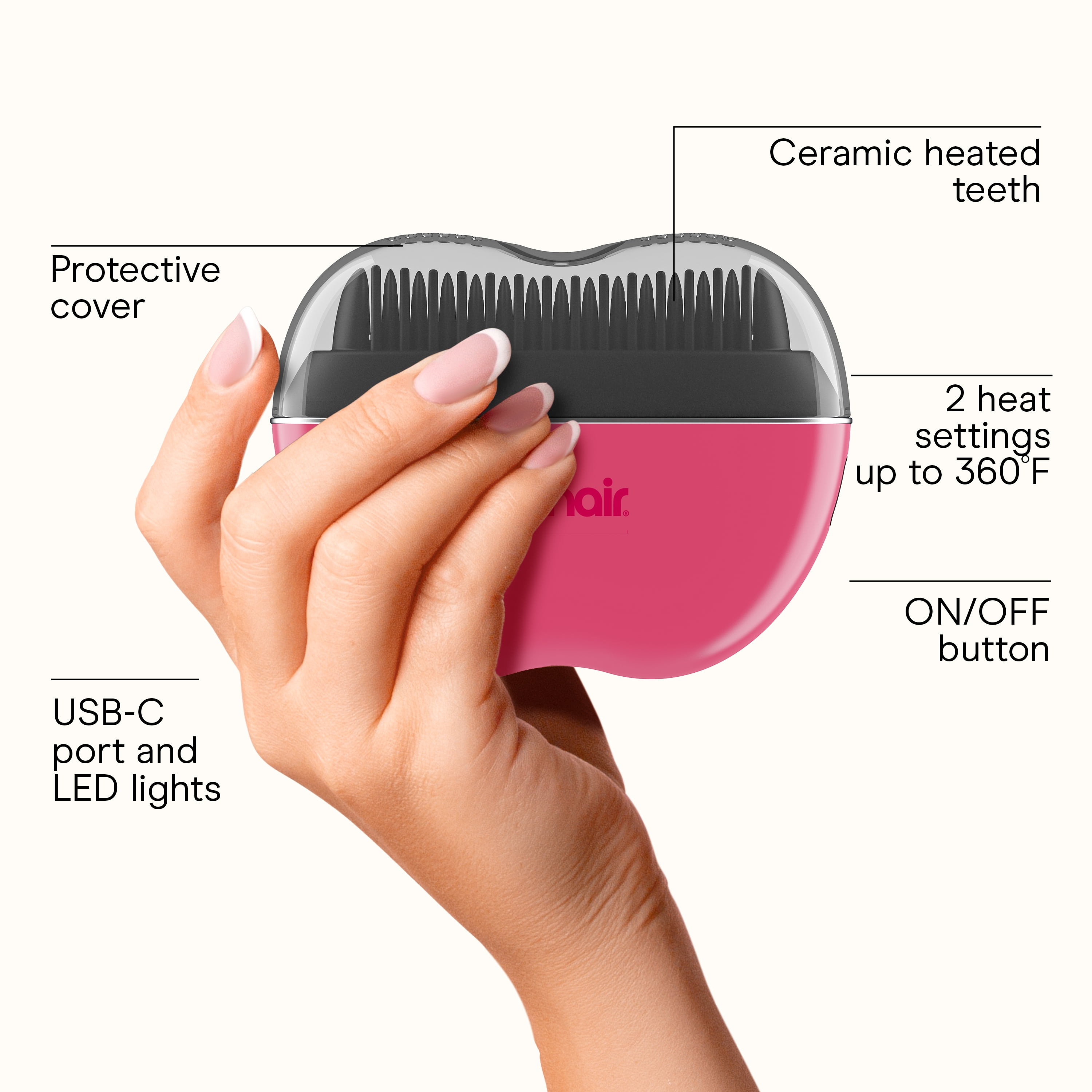 Conair Cordless Heated Brush – Portable Ceramic Ionic Smoothing Brush for Frizz Control & Shine, Rechargeable USB‑C, 2 Heat Settings (320°F/360°F), Travel‑Friendly Styling Tool with Protective Cover,