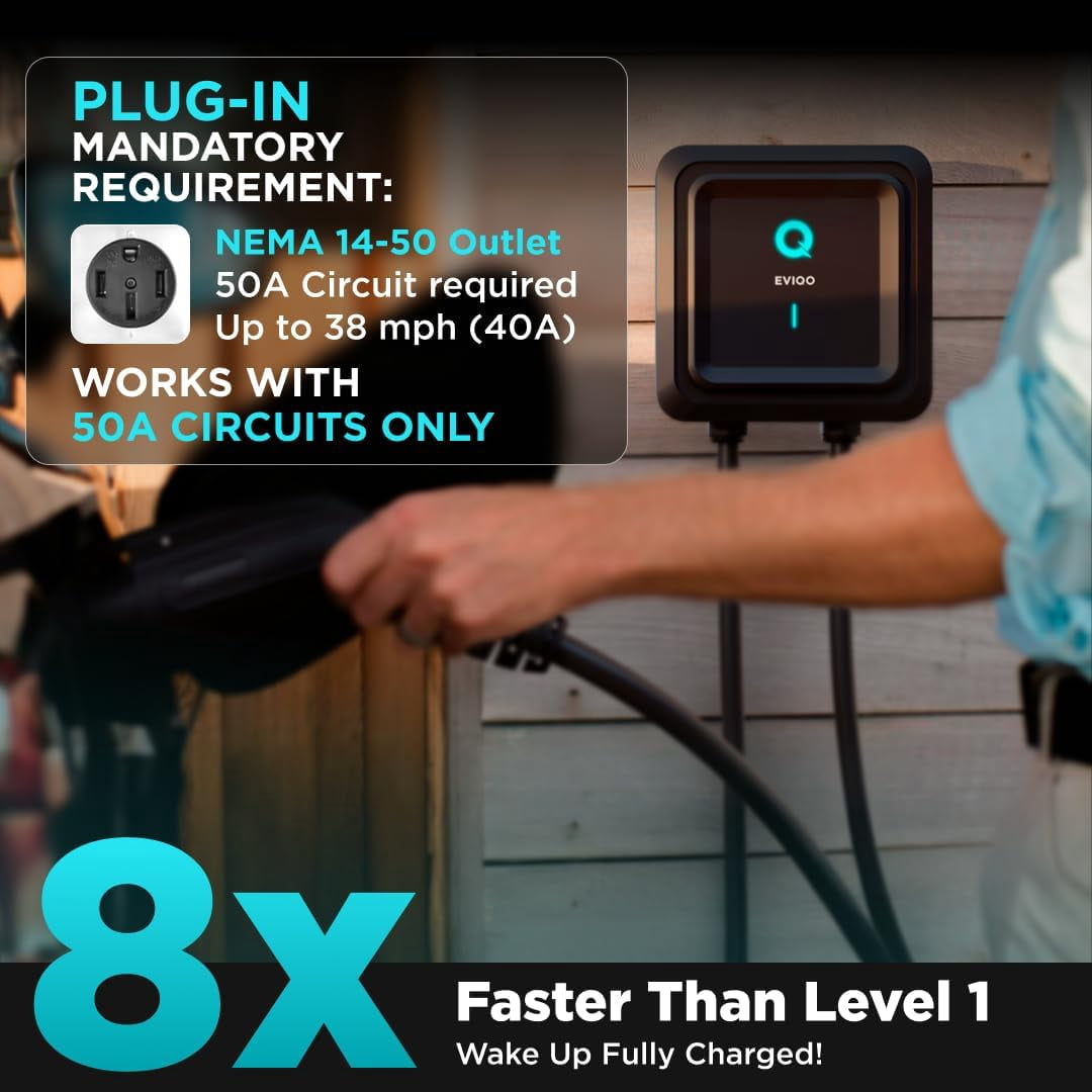 EVIQO Level 2 EV Charger, 40 Amp, J1772 for Non-Tesla EVs, 25ft Cable, WiFi (2.4GHz) Smart App, UL & ETL Certified, NEMA 14-50 Plug-in 240V, 9.6kW