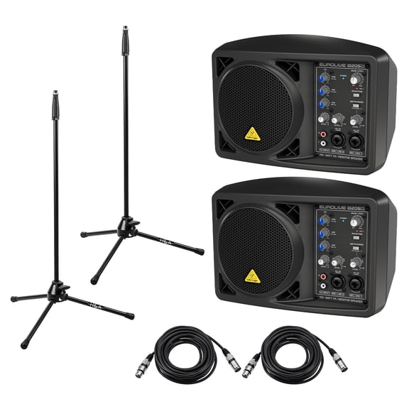 Behringer Eurolive B205D Multi-purpose 150 Watt Active PA and Monitor Speaker System Bundle With H&A Reflection Filter Tripod Mic Stand, 2 H&A 25' XLR Cables