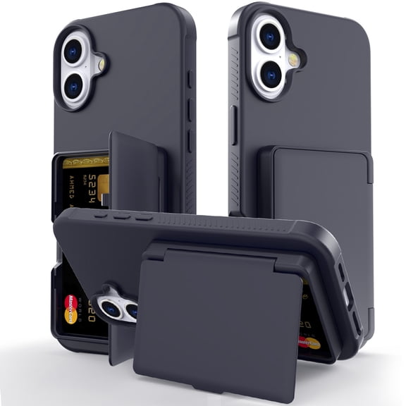 Case Designed for iPhone 16, Wallet Case with Credit Card Holder & Hidden Mank-up Mirror, Hybrid Shockproof Heavy Duty Protection Phone Cover Women Girls, for iPhone 16, Black