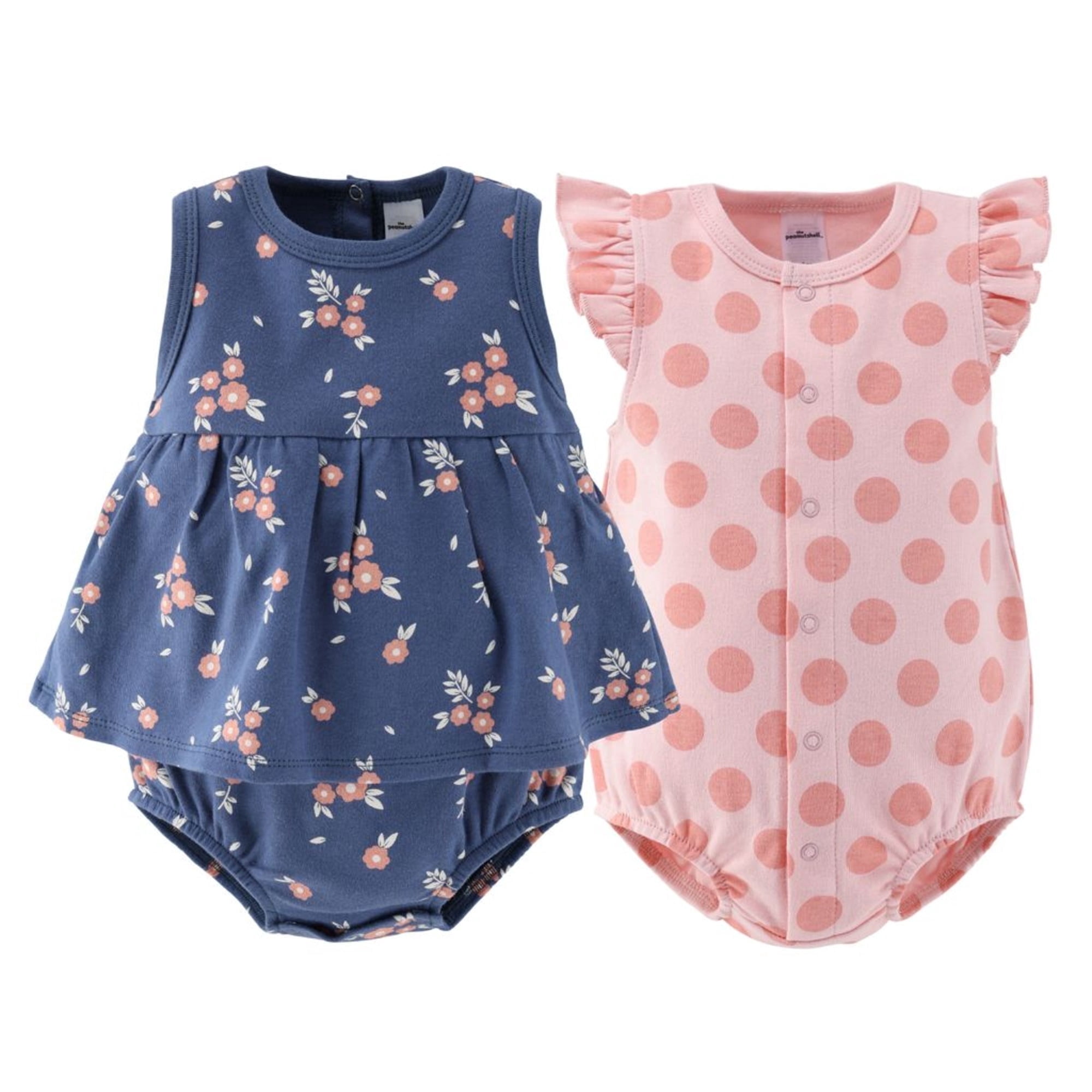 The Peanutshell Baby Rompers Set, Baby Girl Rompers for Newborns, Navy Floral Design, 2-Pack