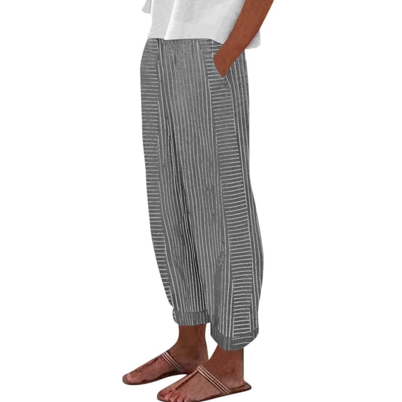 Outfmvch Cotton Linen Pants for Women Pinstripe Long Palazzo Trousers Slant Pockets Striped Pants Women Striped Linen Pants Women Womens Linen Pants Pull On Pants Womens Beach Pants Black XS-3XL