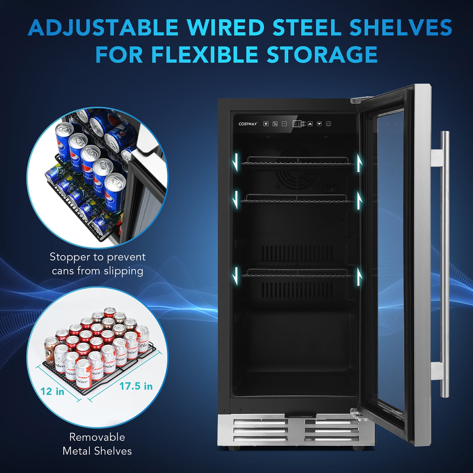 Costway 15 Inch Beverage Refrigerator, Built-in Beverage Cooler w/ Double-Layer Tempered Glass Door