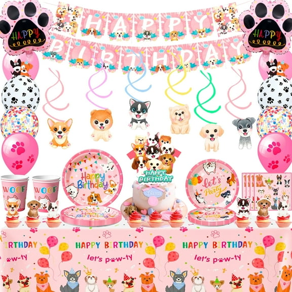 Puppy Theme Decorations, 99 pcs Puppy Party Decorations & Pink Dog Tableware Set- Pink Puppy Plates Cups Napkins & Dog Birthday Banner Balloons Spiral Pendant etc Dog Birthday Party Supplies