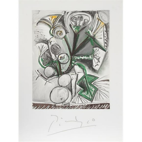 Pablo Picasso 14570 le Bouquet- Lithographie sur Papier 29 Po x 22 Po - Noir- Blanc- Vert- Jaune