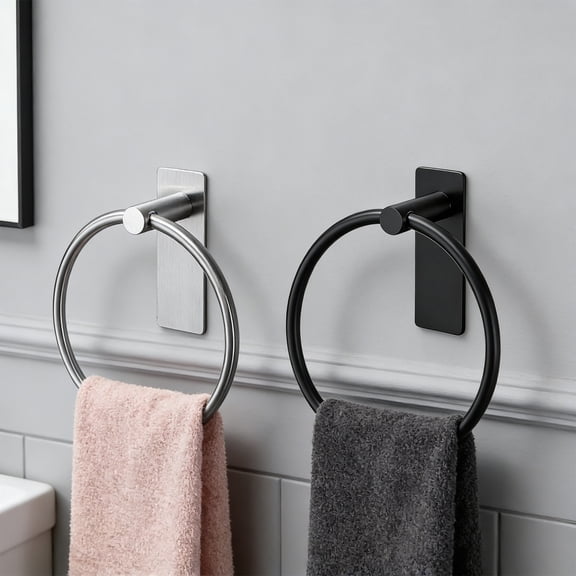 Drill-Free Stainless Steel Towel Ring - Rustproof Easy-Install Bathroom Towel Holder for Wall Mount, Durable Home Accessory for Shower Area & Vanity, Year of The Horse Bathroom Organizer, Black