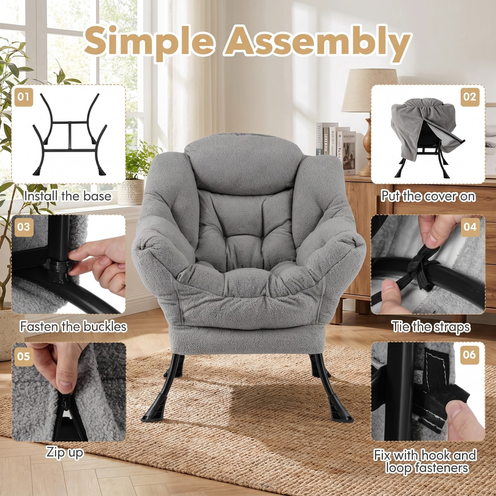 Furnibear Sherpa Upholstered Accent Chair with Cozy Head Pillow, Button Tufted Single Sofa Armchair with Side Pocket for Living Room Bedroom Home Office, 330 lbs, Gray