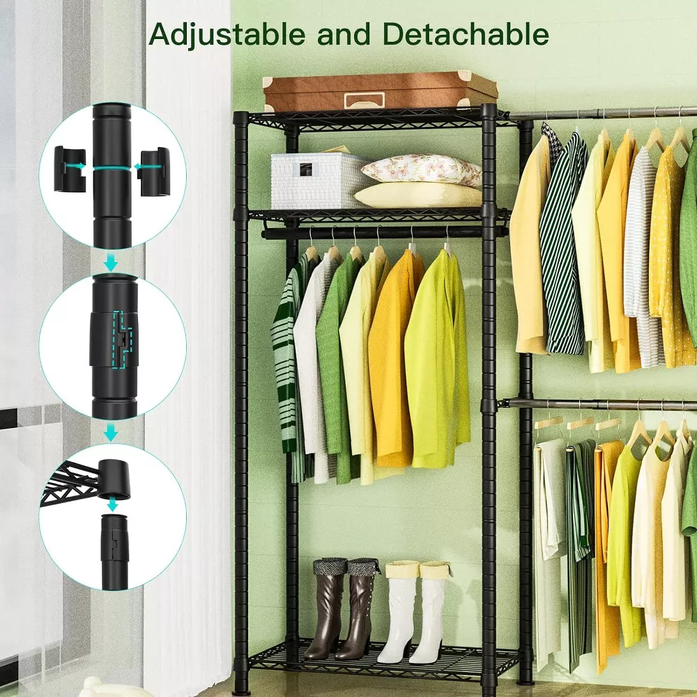Sailvan 3-Tier Heavy Duty Garment Rack with Wheels, Adjustable Wire Clothes Rack with Double Hanging Rods & Side Hooks, Portable Closet,Black