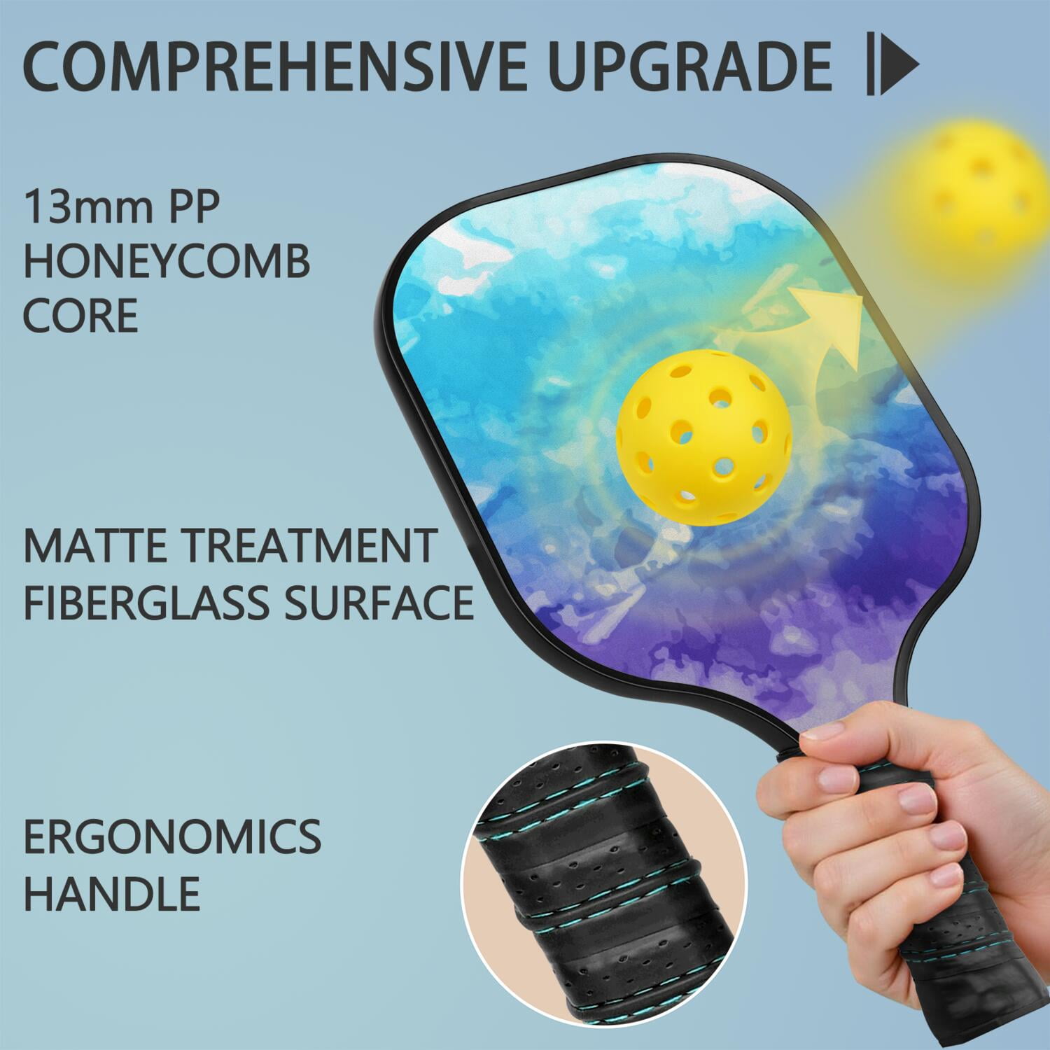 Pickleball Paddles Set Of 2, Fiberglass Surface, Colorful Geometry Print, 4 Balls & Bag