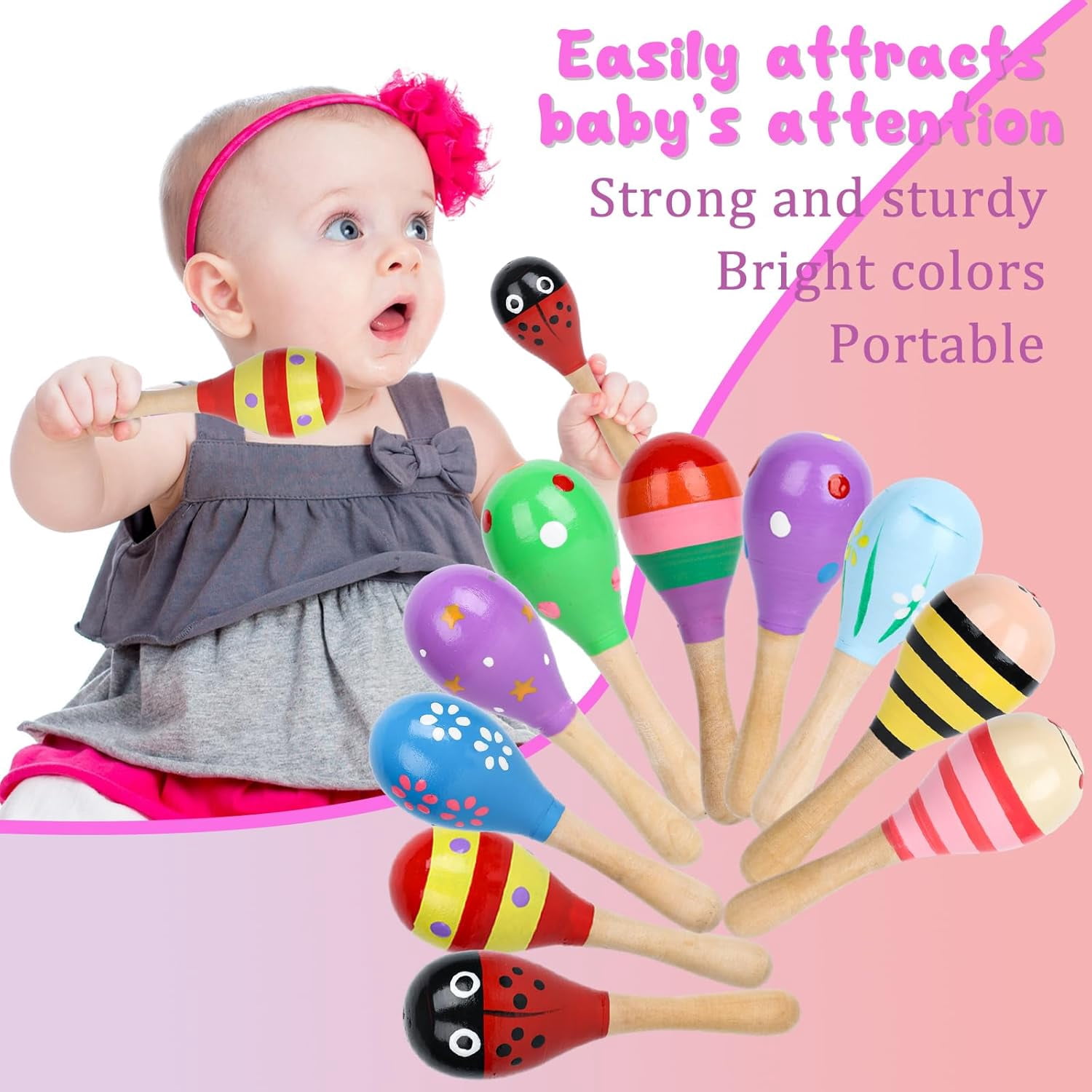 10PCS Mini Wooden Maracas, Maracas for Toddler Musical Instruments Shakers Baby Toys Infant Learning