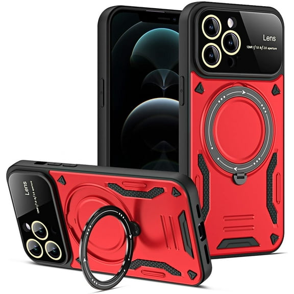 Compatible with iPhone 15 Pro Max Case with Invisible Ring Stand Full Camera Lens Protection Magnetic Ring Kickstand Heavy Duty Case Protective Shockproof Cover Red