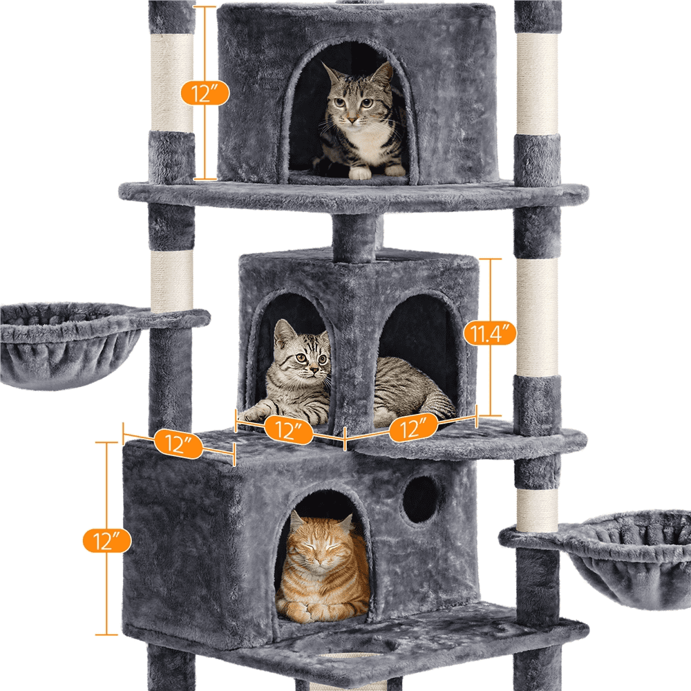 Alden Design 76.5" H Large Cat Tree Tower with 3 Condos Cozy Perches Dangling Ball, Dark Gray
