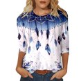 thumbnail image 1 of JFHHQ T-Shirt Durable Femme Imprimé Ethnique T-Shirt Décontracté Femme avec Manches Trois-Quarts et Col Rond Design L Bleu, 1 of 5