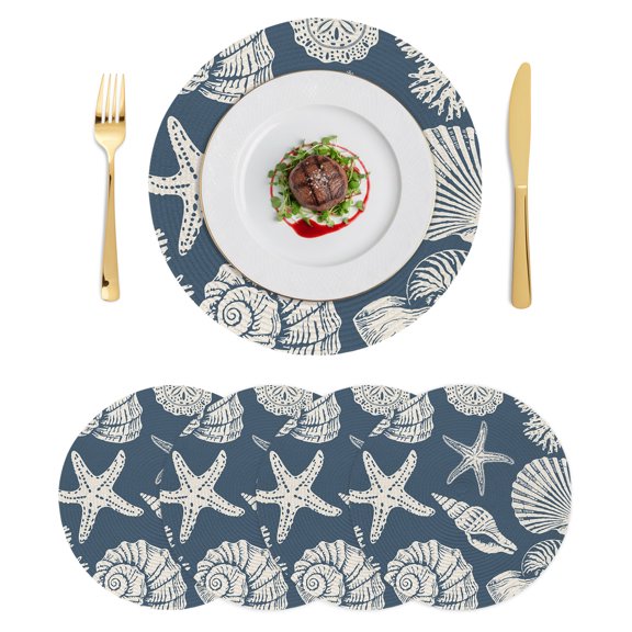 Round Placemats Ocean Coastal 15 inch Set of 4 Table Mats for Dining Table Shells Starfish Conch Coral Deep Blue Heat Resistant Non-Slip Kitchen & Home Decorative Place Mat Set