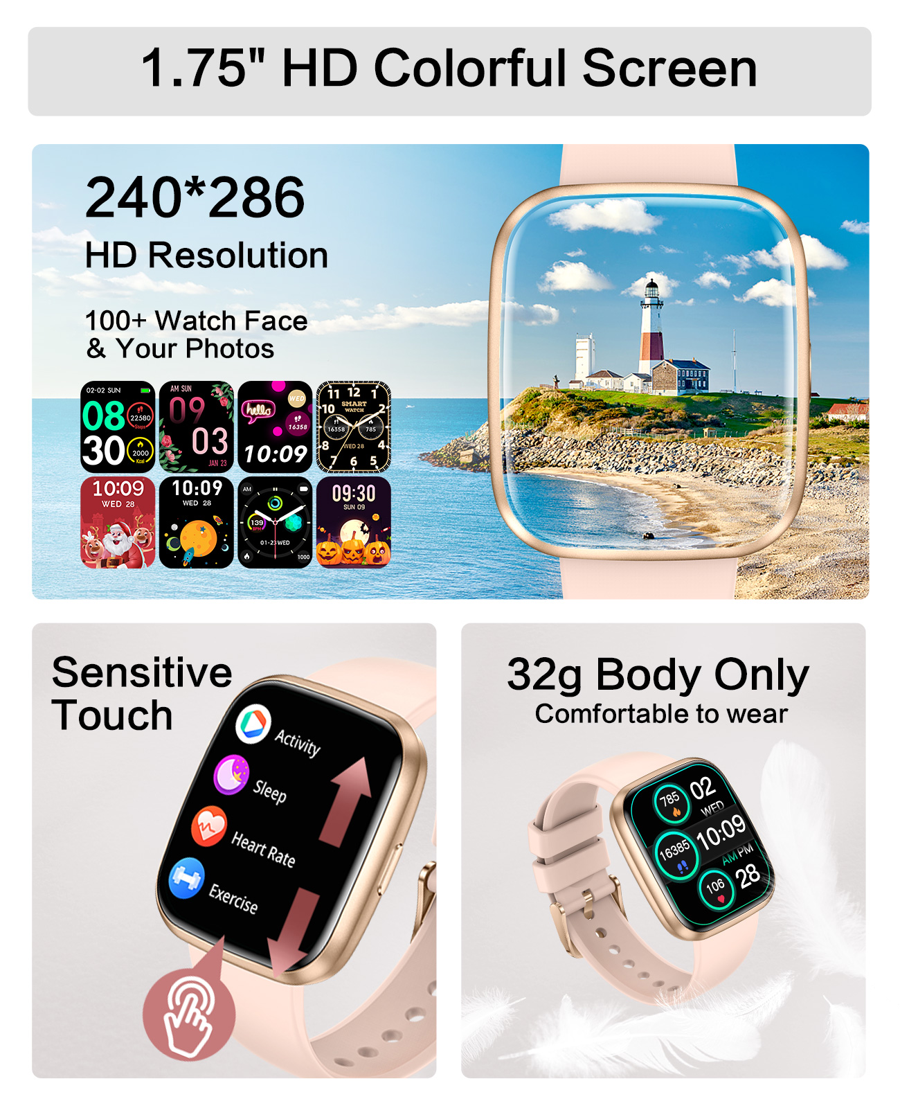 1.75" Smart Watch for Women Men,2026 Bluetooth Calls /Answer Smartwatch for Android Iphone, IP68 Waterproof Fitness Tracker, 100+ Sport Modes,Music,Pedometer,Gifts,5–7 days of usage time，Pink