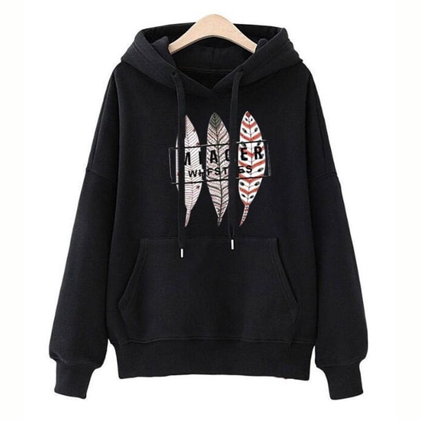 Nueva Moda De Las Mujeres Caliente tops Otoño Invierno Casual Abrigo Con Capucha Suelta Sudadera Patrón De Plumas Jerseypangjing