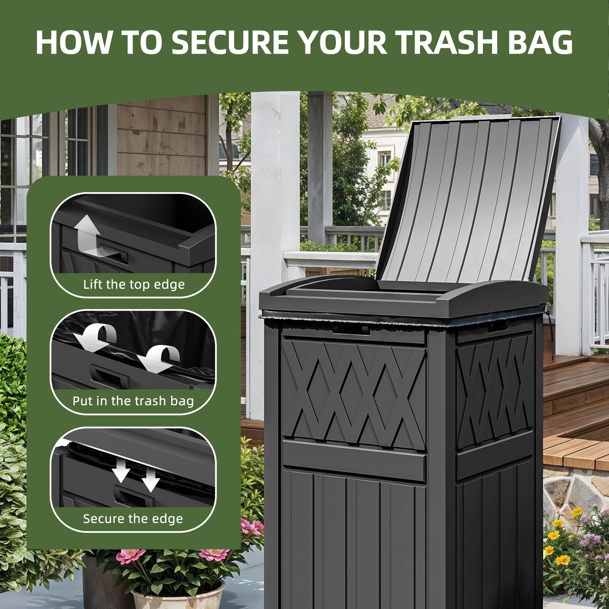 Uforic 31 Gallon Large Outdoor Trash Bin, Waterproof Resin Garbage Can with Lid & Drip Tray, Waste Container,for Porch, Backyard, Black