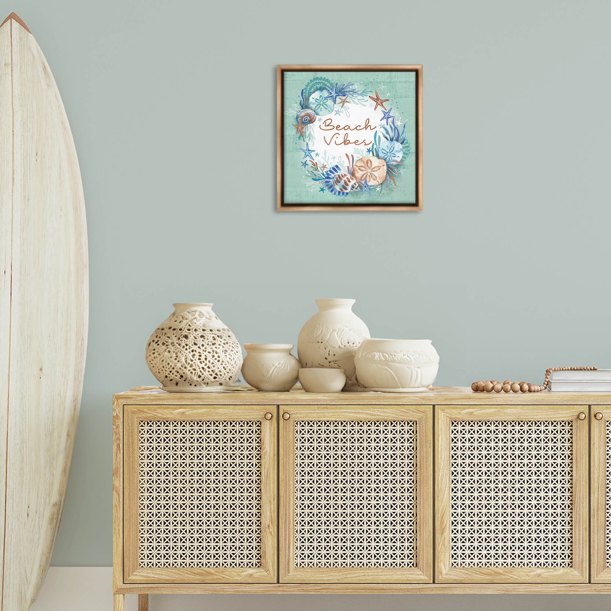 Stupell Industries Beach Vibes & Seashells Coastal Painting Brown Floater Framed Canvas Art Print Wall Art, 18 x 18