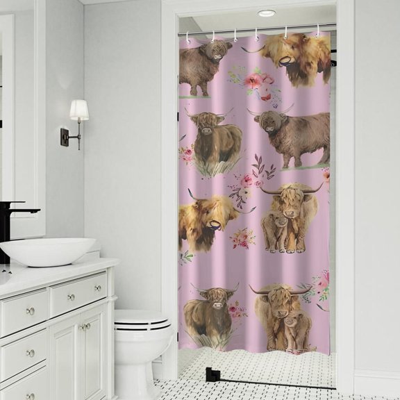 Pink Highland Cow Flower Pattern Shower Curtain 36"x72" ,Bathroom Decorative Shower Curtains Set with 12 Hooks,Modern Waterproof Washable Shower Curtain