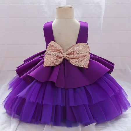 

TAGOLD Toddler Girls Net Yarn Embroidery Rhinestone Bowknot Birthday Party Gown Long Dresses Headband Suit Purple 6-12Months