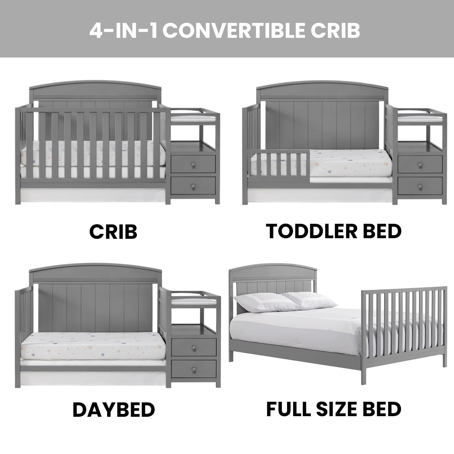 Oxford Baby Pearson 4-in-1 Convertible Crib & Changing Station, Dove Gray, GREENGUARD Gold Certified, Wooden Crib