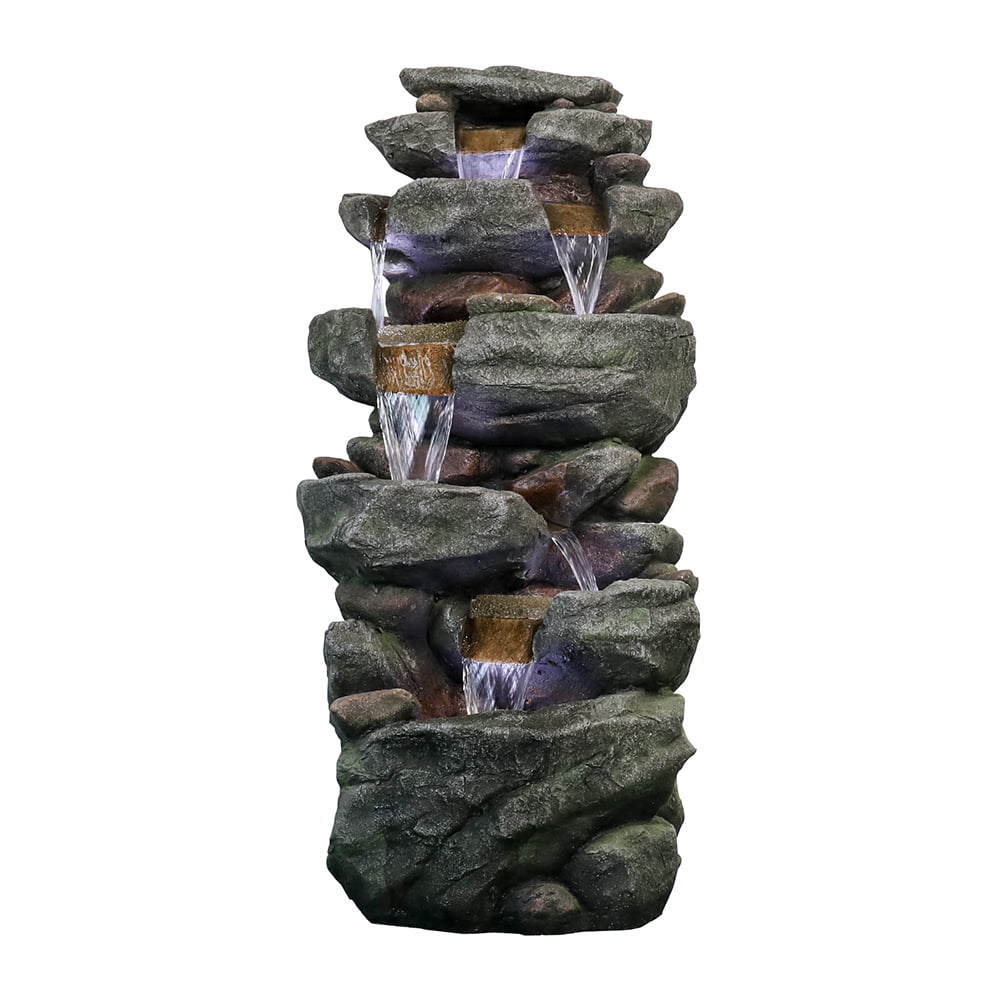 6-tier Outdoor Water Fountain with LED Light - 40.6" High Waterfall Fountain for Garden and Patio