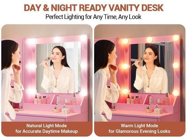 TROPOW Vanity Desk with Mirror and Lights Elegant Makeup Vanity Table with Drawers & Cabinets, Storage, Sturdy MDF Top, Adjustable Brightness Bulbs, Built-in Power Outlet & USB Ports,Pink