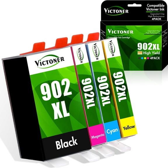 VICTONER Compatible Ink Cartridge for HP 902XL 902 XL Combo Pack Officejet Pro 6978 6968 6958 6962 6970 6960 6975 6950 6954 Inject Printer Ink Refill 4-Pack Black Cyan Yellow Magenta (Updated Chip)