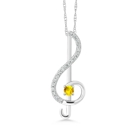 Gem Stone King Keren Hanan Inspired by Music 0.29 Ct Round Yellow Sapphire E-F Lab Grown Diamond 10K White Gold Treble Clef Pendant