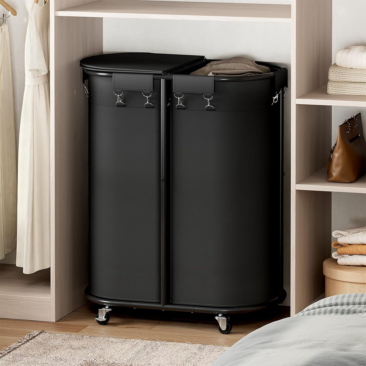 200L Double Laundry Hamper with Wheels and Lid, Large Oval Rolling Basket with Removable Bags, Black