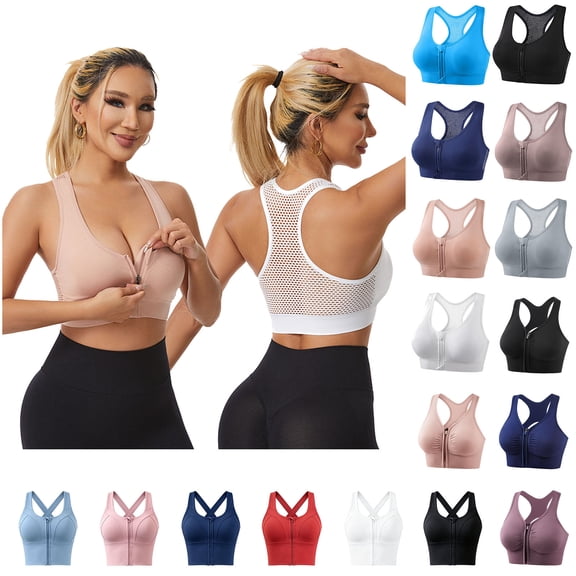 MASRIN Women's Zipper Front Closure Sports Bra Racerback Yoga Bras Summer Solid Color Workout Tops Sky Blue L