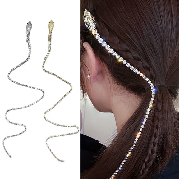 rygai Braided Head Chain Snake Shape Long Tassel Rhinestone Punk Shining Hair Ornament Hair Decor Hair Daily Styling Tool,White
