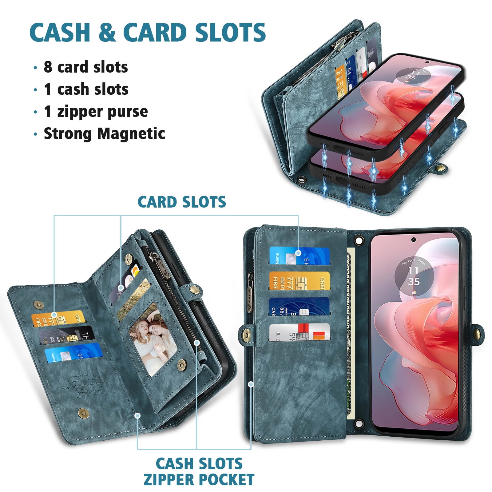 Asuwish Compatible with Motorola Moto G Power 5G 2024 Phone Case Zipper Wallet Detachable Tempered Glass Screen Protector Crossbody Lanyard Strap Flip Card Holder Cell Cover for G5 Women Girls Blue