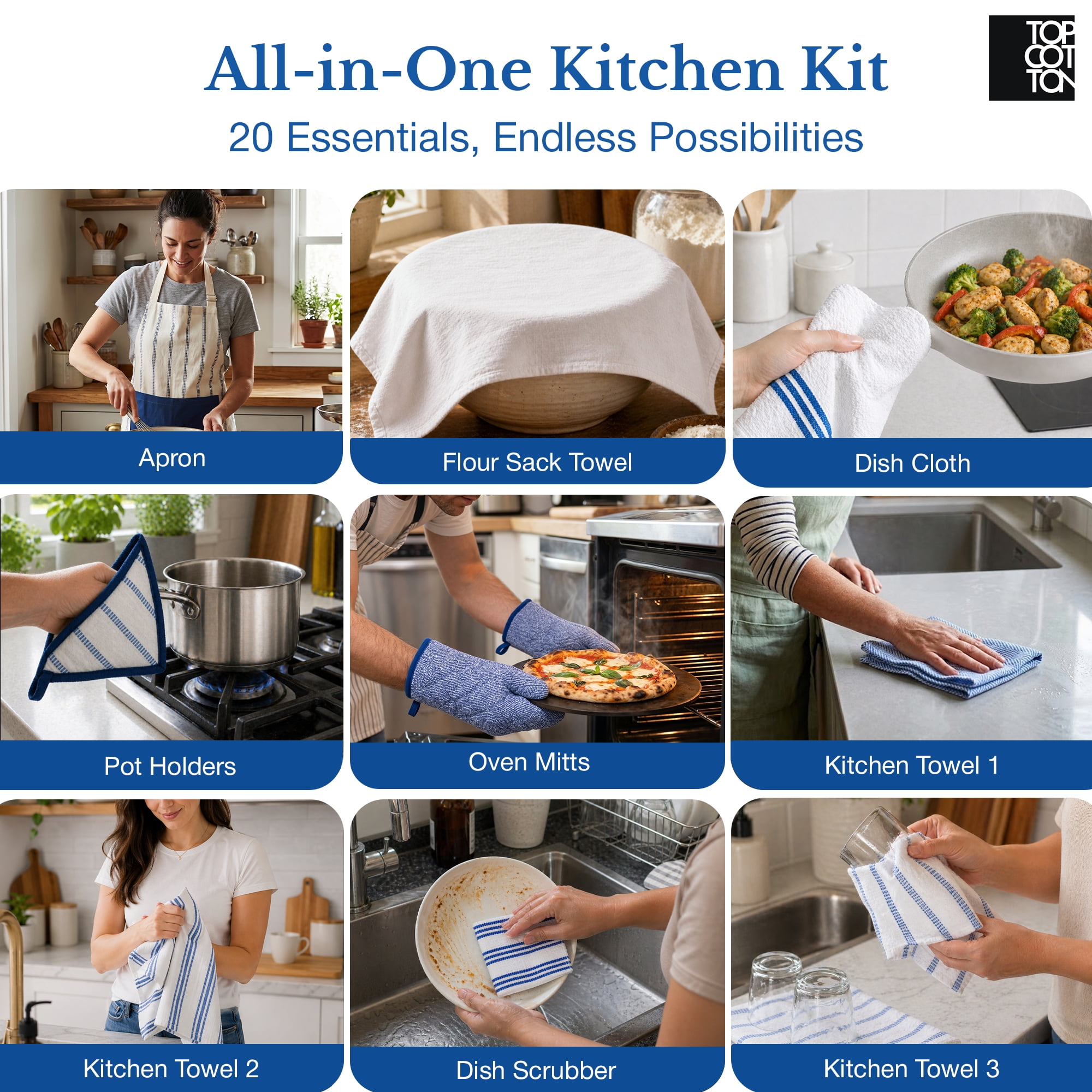 Top Cotton 20 Piece Kitchen Linen Set, Cotton Kitchen Towels, Dishcloths, Apron, Oven Mitts and Pot Holders (Royal Blue)