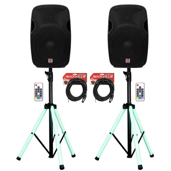 (2) Rockville SPGN158 15" Passive 1600w DJ PA Speakers LED Stands Remote Cables