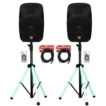 (2) Rockville SPGN158 15" Passive 1600w DJ PA Speakers+LED Stands+Remote+Cables