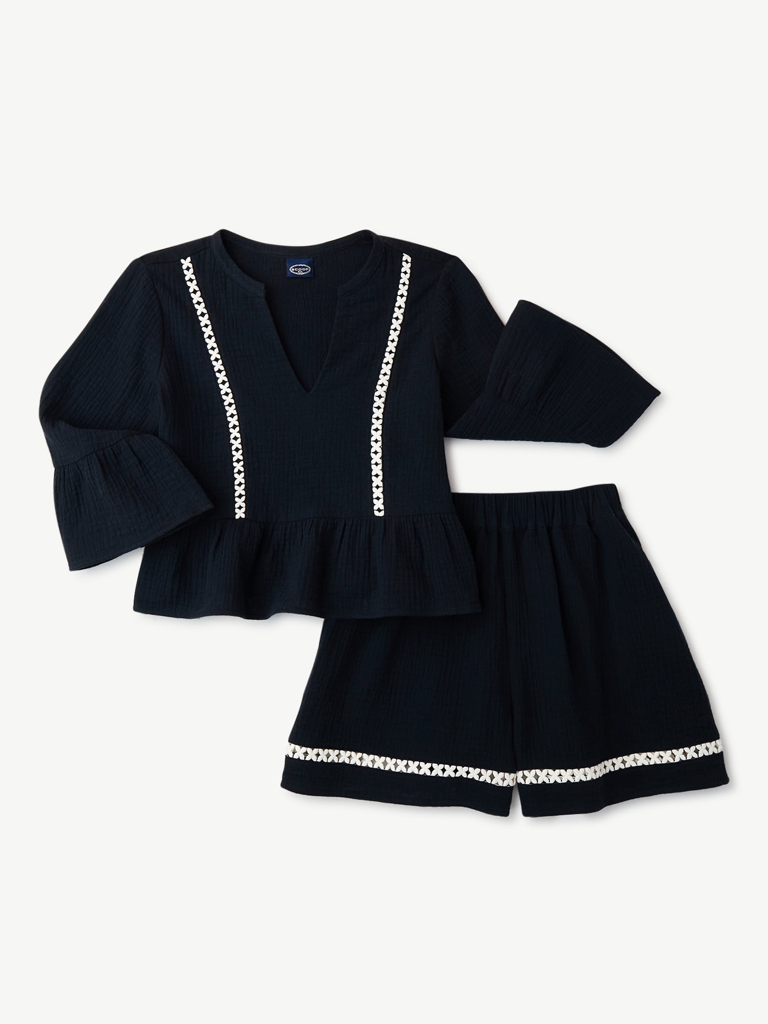 Scoop Girls Lace Trim Peplum Top and Matching Shorts, 2-Piece Outfit Set, Sizes 4-12