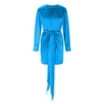 thumbnail image 5 of XFLWAM Women's Fall Satin Dress Casual Long Sleeve Ruched Wrap Dress Crew Neck Tie Waist Elegant Cocktail Party Mini Dresses Blue S, 5 of 6