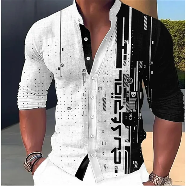 Camisa de manga larga con cuello alto y estampado creativo para hombre, nueva moda , para fiestas al aire libre, tela suave y cómoda de alta calidad