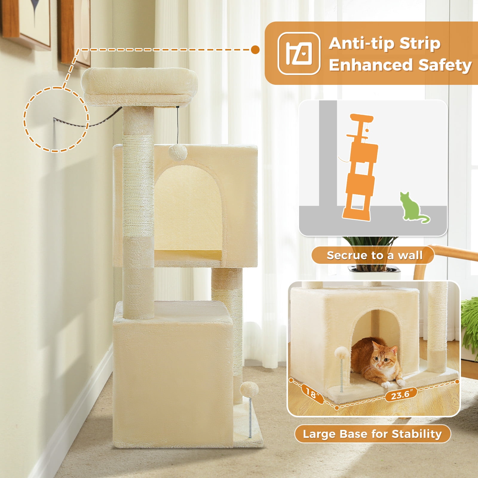 Pefilos 43" Cat Tree Tower for Adult Cats, Stable Cute Sisal Cat Climb Holder Cat Condo for Indoor Cats Lamb, Beige