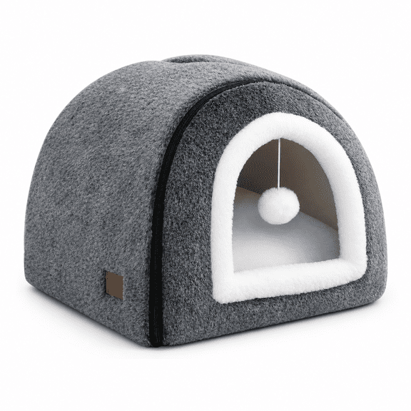 2-in-1 Convertible Pet Bed, Cave & Tent for Indoor Cats, Kittens & Small Dogs, Foldable Washable Cat House with Soft Thick Removable Inner Pad and Anti-Slip Bottom, Dark Grey