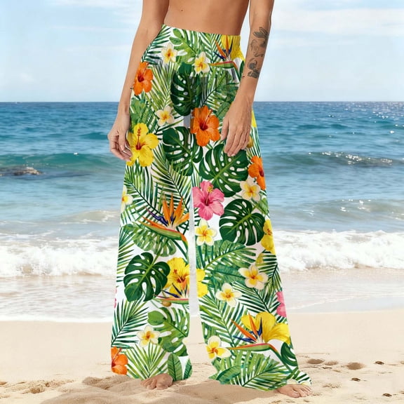 Gamivast Womens Swimsuit Cover up Pants Palm Leaf Sheer Beach Elastic Waist Pant Holiday Flowy Elastic Waist Boho Swimwear Summer Vacation Outfits